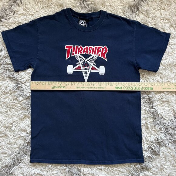 Y2K Authentic Thrasher Magazine Goat Horn Devil 666 Logo Blue T Shirt Size M - Picture 3 of 5